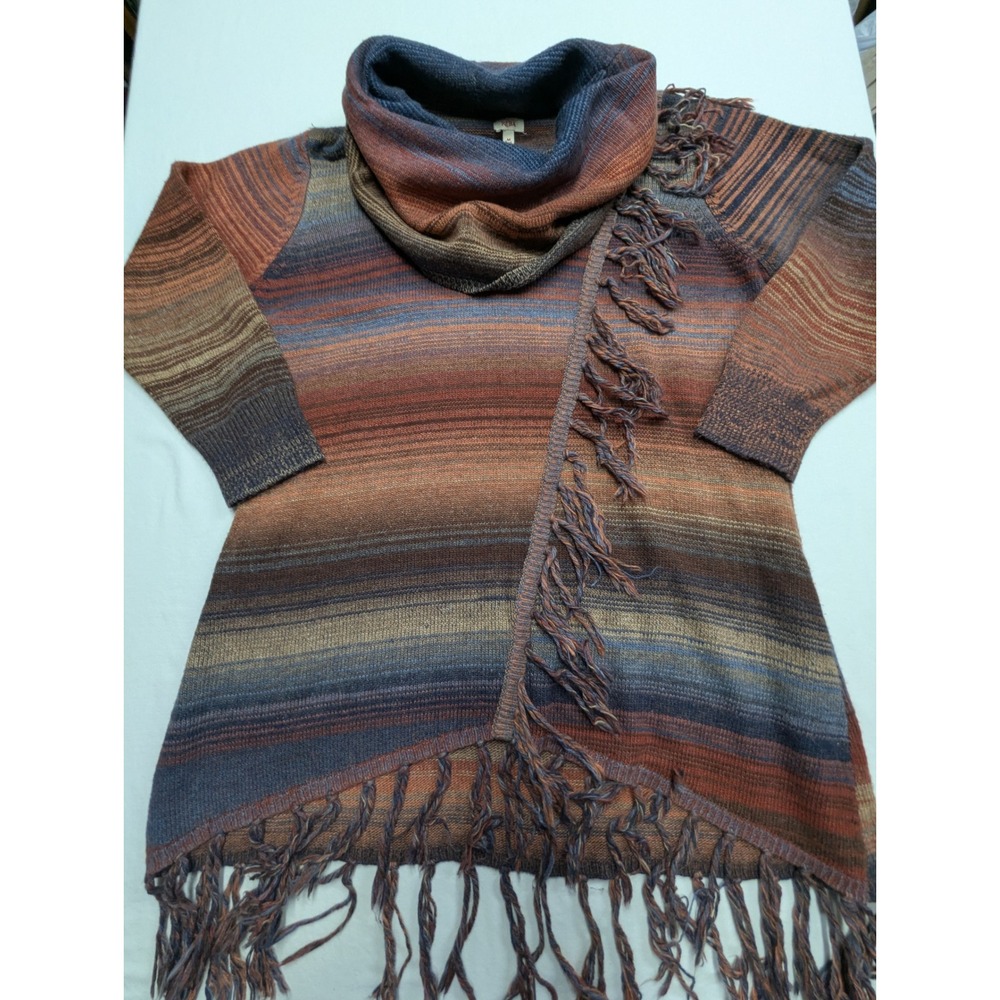 Reba Womens Cowl Neck Fringe Sweater Multicolor Ombre Sunset Knit Medium
